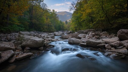 A mountain creek with large boulders captured in a long-exposure shot, highlighting erosion risk in a forest environment