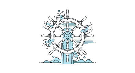 Fototapeta premium Stylized illustration of a vintage ship steering wheel or helm surrounded by foaming blue ocean waves and bubbles.
