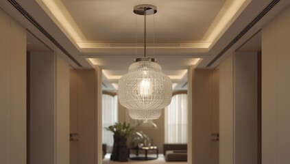 Modern interior space featuring a glass pendant light fixture, focusing on contemporary lighting solutions