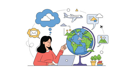 Woman at a laptop thinking about world travel with icons of a globe, airplane, clouds, and postcards floating around.