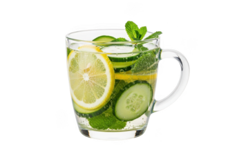 Clear glass mug with lemon, cucumber, and mint