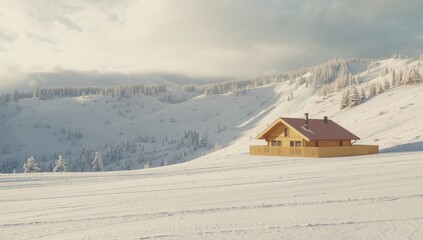 Wooden mountain cabin surrounded by snow with visible ski trails, designed for winter sports enthusiasts