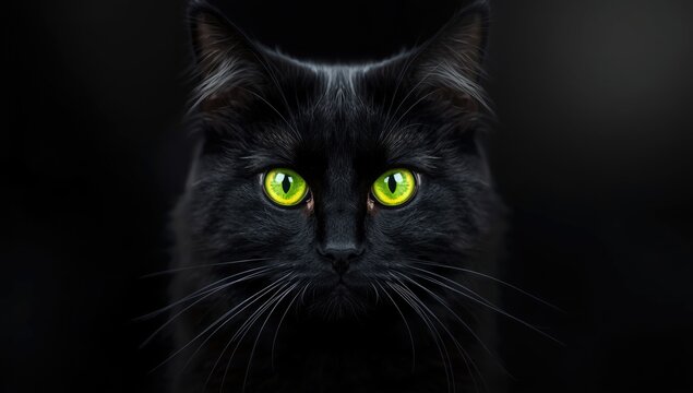 Detailed shot of a black cats vivid green eyes highlighting nocturnal vision, animal focus