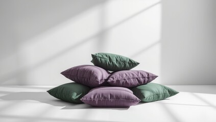Fototapeta premium Soft purple and green linen floor cushions placed on a white surface, designed for comfortable seating or lounge areas