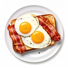 Two fried eggs atop toasted bread with bacon strips