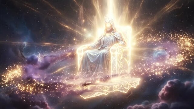 Jesus Christ sitting on a glowing throne in changing clouds and outer space, religious concept for divine power and presence
