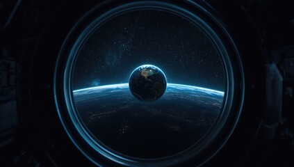 Planet Earth seen from a spacecraft porthole highlighting space travel