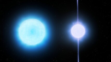 Comparison of a neutron star and a white dwarf on a black background. Two stars after shedding their gas envelope.