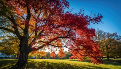 Autumn scene in Japan featuring bright red and yellow leaves against a blue sky, emphasizing seasonal transition
