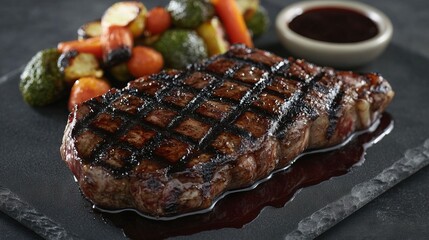 Gourmet Glazed Steak with Roasted Vegetables. Delicious Main Course on Dark Plate.
