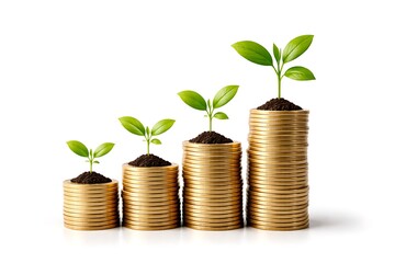 Four stacks of golden coins with green sprouts, symbolizing financial growth on