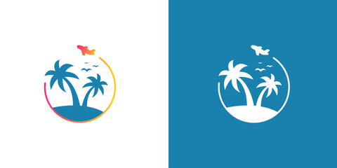 Tropical Island Vacation Logo  Airplane Travel Icon Set