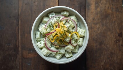 Top-down shot of a Greek yogurt cucumber salad featuring cucumbers, lemon zest, red onions, and dill, suitable for fresh dishes, World Food Day