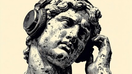 A classical marble bust of a male figure wears modern headphones. The grayscale image presents a blend of antiquity & modernity