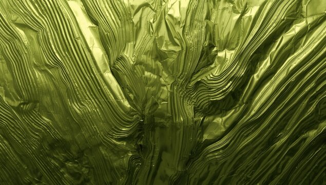 Macro view of metallic wrinkled crepe cardboard with green foil surface, suited for background or layout purposes