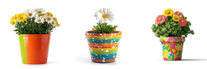 Three colorful plant pots with cheerful daisies and vibrant designs create lively and joyful atmosphere. Each pot features unique patterns and bright colors, enhancing beauty of flowers