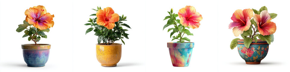 Series of colorful plant pots each featuring vibrant hibiscus flower, showcasing variety of artistic designs and bright colors. flowers add lively and cheerful touch