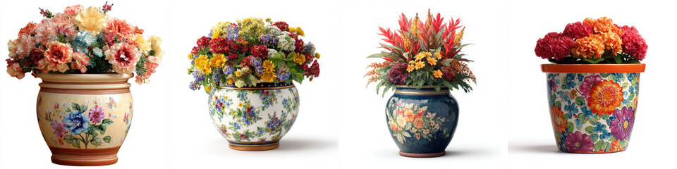 Four ceramic plant pots with colorful floral arrangements, each featuring unique designs and vibrant flowers, create cheerful and artistic display