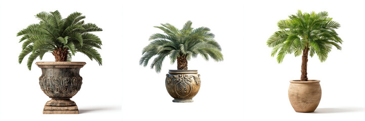 Three decorative plant pots each containing palm tree, showcasing intricate designs and varying textures. pots range from ornate to simple, highlighting elegance of palm trees