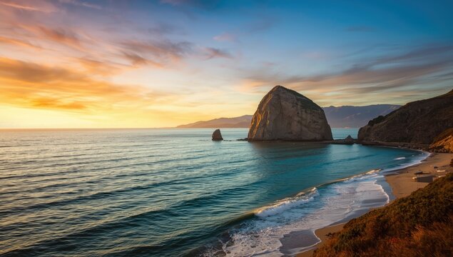 Dusk at Mugu Rock with sunset lighting on the Pacific Coast Highway in Malibu, California, highlighting natural coastal features