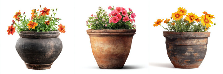 Three rustic clay plant pots with blooming flowers, showcasing vibrant orange and pink blossoms, isolated on white background. pots have weathered, earthy texture