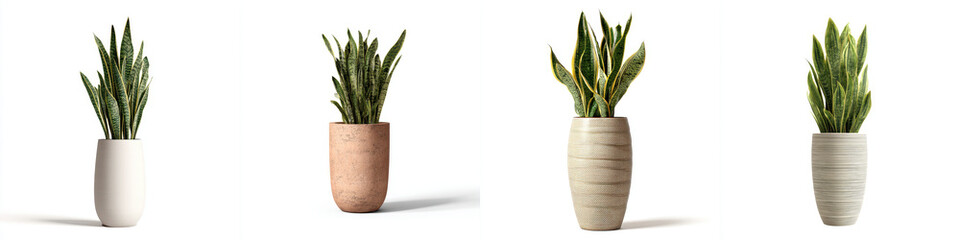 Four elegant plant pots each containing snake plant are displayed against white background. pots vary in texture and color, showcasing modern and minimalist design