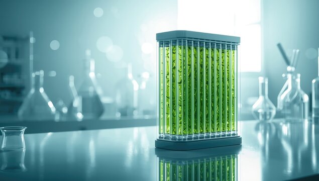 Photobioreactor algae fuel development in biofuel industrial laboratories, emphasizing renewable energy efforts
