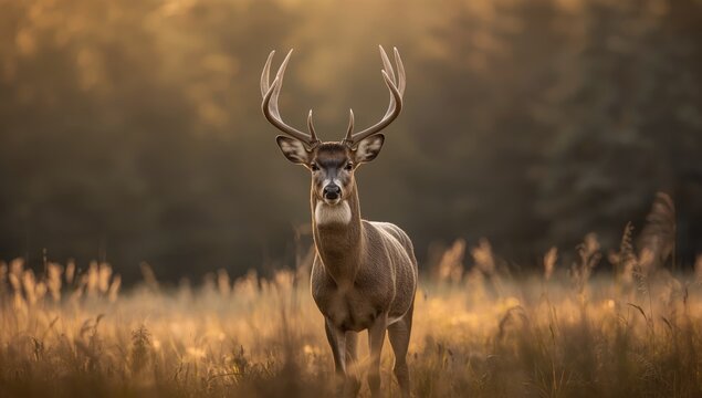 Deer portrait featuring a trophy whitetail buck in Palouse prairie with forest in the background, focusing on wildlife management