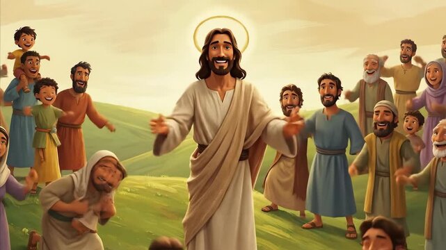 Man with halo and beard walking, gesturing, then standing with a joyful crowd on a hill. Biblical scene for religious education concept.