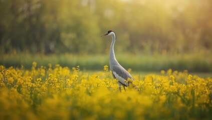 Fototapeta premium Sandhill crane standing with head up amid yellow flowers, highlighting bird behavior in seasonal environments