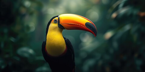 Detailed view of a colorful toucan showcasing its prominent beak, highlighting tropical bird diversity
