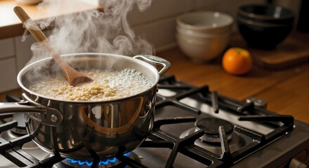 Steaming porridge on stove, bubbling in shiny steel pot over gas burner, stirred by a wooden spoon. Wholesome steaming porridge on stove illustrates healthy meal preparation.