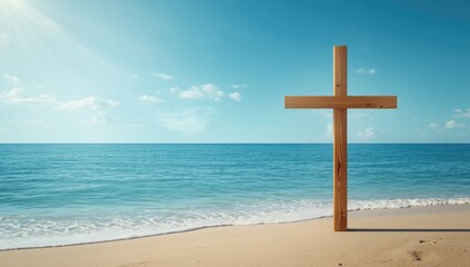 Holy book and wooden cross set against a blue sea backdrop symbolizing spiritual hope and devotion