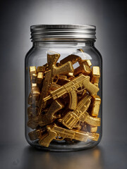 Golden guns in a glass jar on dark background