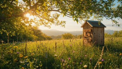 Natural landscape with a beehive structure, highlighting biodiversity