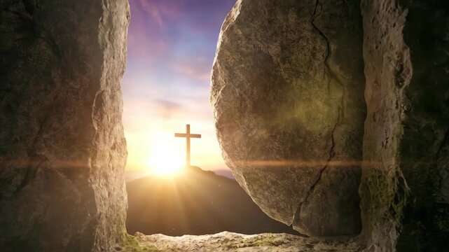 Empty tomb of Jesus with a large rock rolling away from the entrance, symbolizing resurrection on Easter morning
