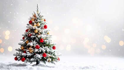 Obraz premium A snow-covered Christmas tree adorned with ornaments, in front of a bokeh background