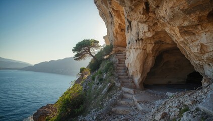 Sea caves at Cape Drepano on the Mediterranean coast, highlighting coastal erosion and rock formations