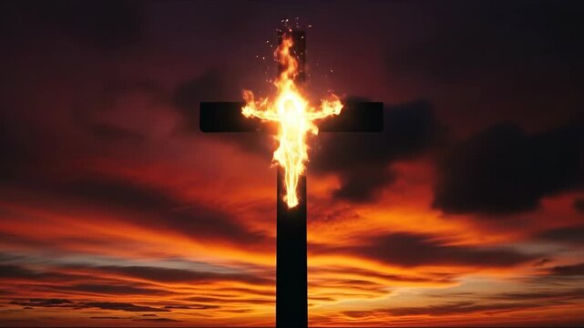 Silhouette of a man on cross with burning fire effect during sunset, spiritual religious concept for Easter.