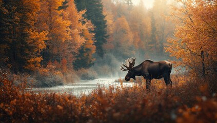 Moose in fall woodland scene, highlighting natural habitat during autumn