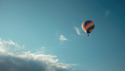 Fototapeta premium Bright hot air balloon soaring in blue sky, suitable as UI backdrop or visual feature
