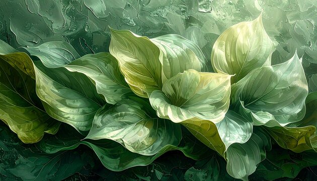 Lush green leaf texture background with layered organic foliage and soft natural tones. Ideal for eco design, wellness branding, sustainability themes, nature concepts, packaging, and modern botanical