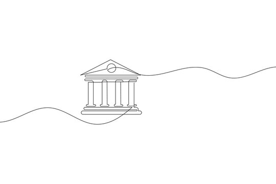 Minimalist one line drawing of classical bank building with columns and pillars