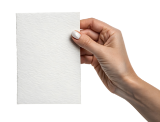 A hand holding a blank white booklet or brochure mockup for design presentation isolated on a white or transparent background.