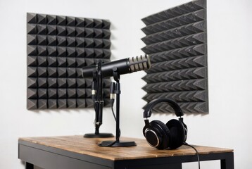 Professional podcasting studio setup with modern microphones, headphones, acoustic panels.