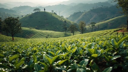 Expansive tea fields with organized rows of tea bushes, suitable as a background for layout or text