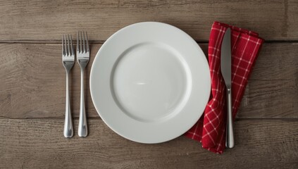 Overhead view of a dining setup featuring an empty plate, cutlery, and a red checkered napkin, ideal for layout design