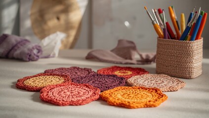 Colorful crochet coasters and kit with hooks, markers, needles and scissors, designed for home decor and handmade crafts