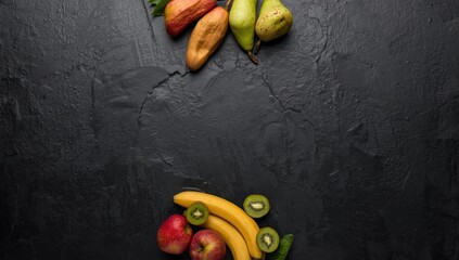 Arrangement of banana, pear, apple and kiwi on a black stone grunge background, suitable for food presentation or menu background
