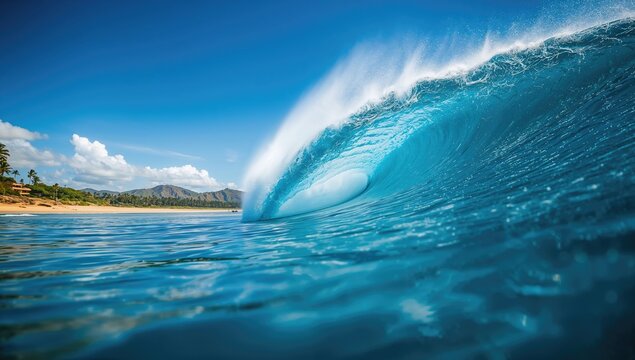Vast blue ocean wave with foam cresting, coastal erosion risk, Earth Day
